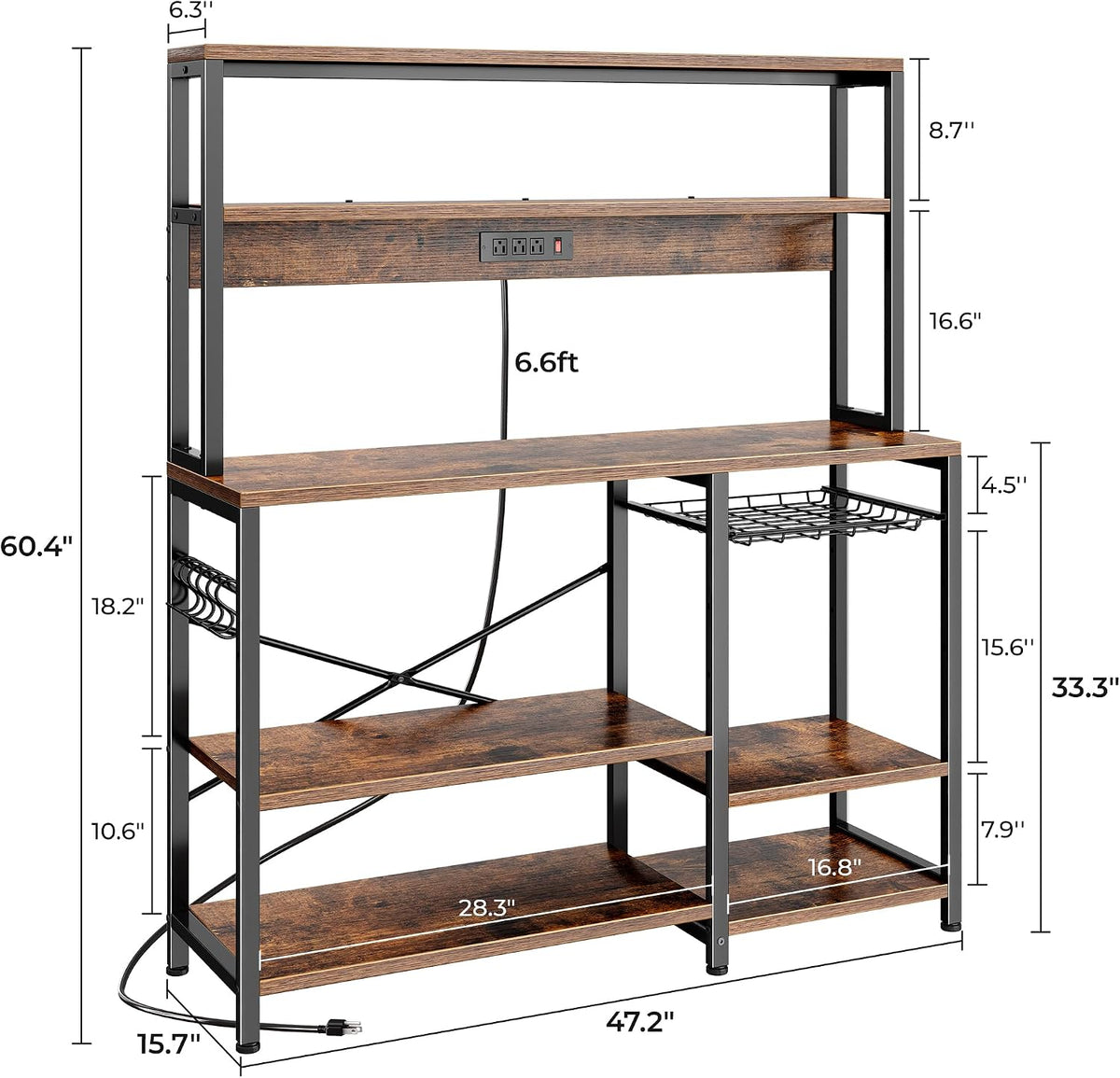 Bakers Rack with Power Outlet & Basket