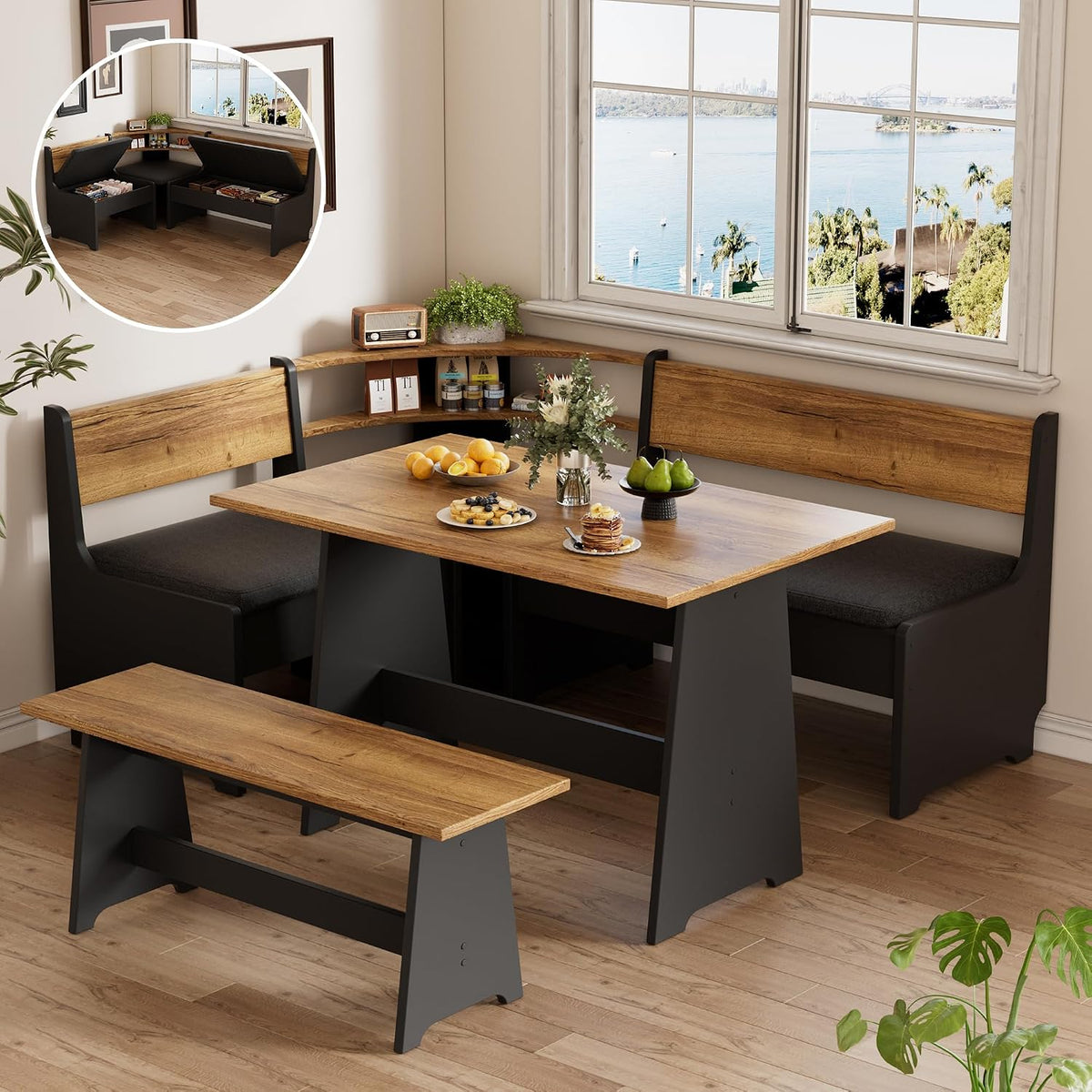 Black L‑Shape Storage Cushioned Breakfast Nook Set