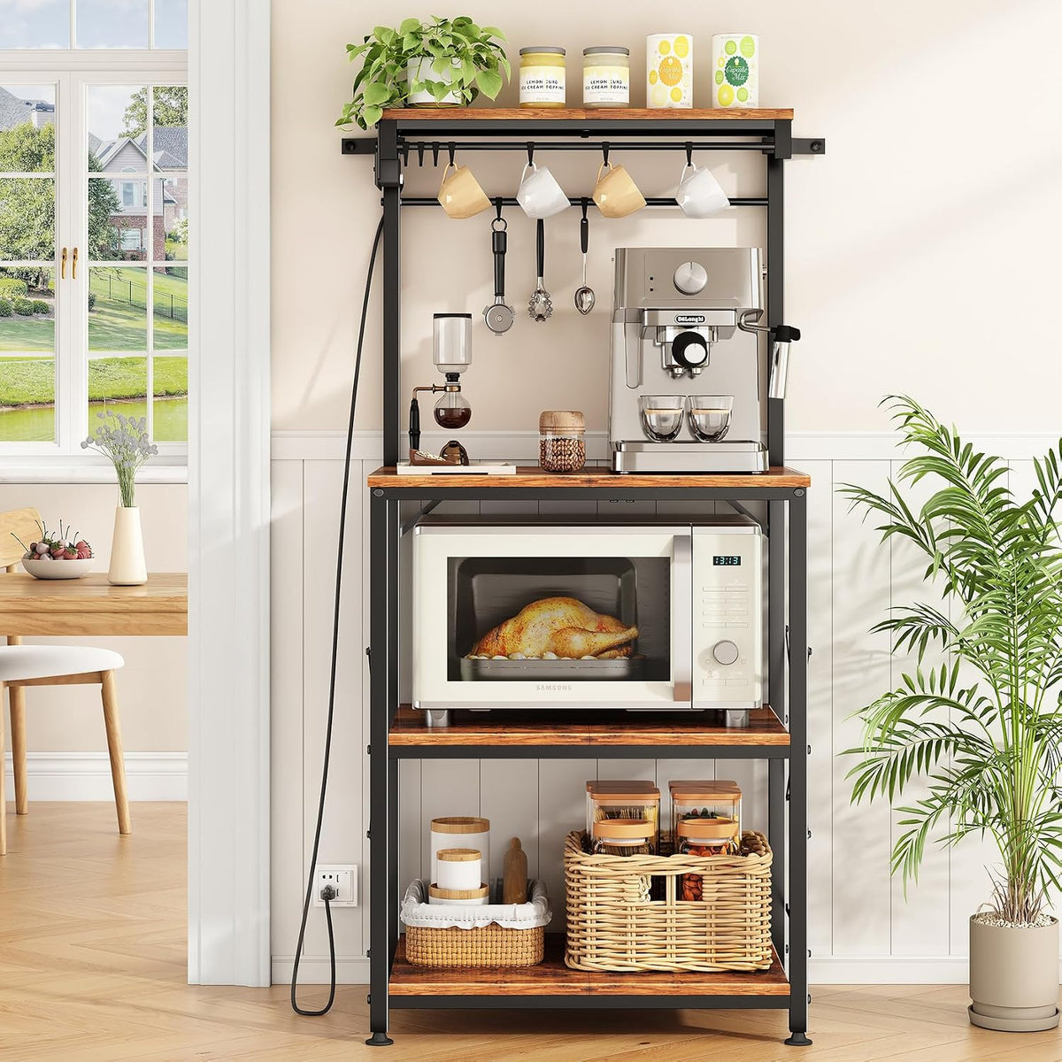 Rustic Brown Bakers Rack with Power Outlet