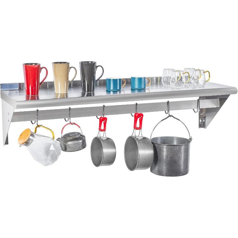 14"×48" Stainless Steel Wall Pot Rack with 6 Hooks